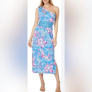 Lilly Pulitzer Blue One-Shoulder Floral Midi Dress